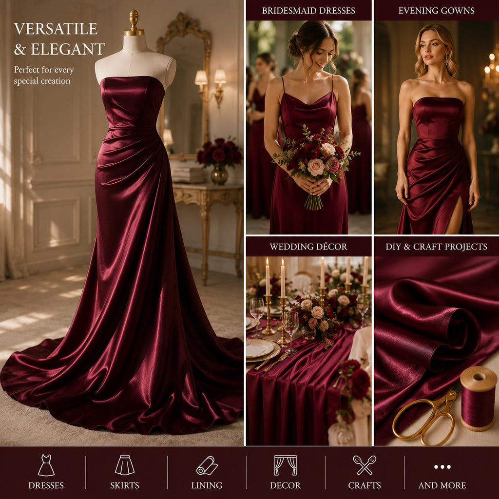 Luxury Burgundy Silky Satin Fabric by the Yard, Premium Polyester Satin for Couture Dresses, Designer Fashion, Runway & Custom Sewing