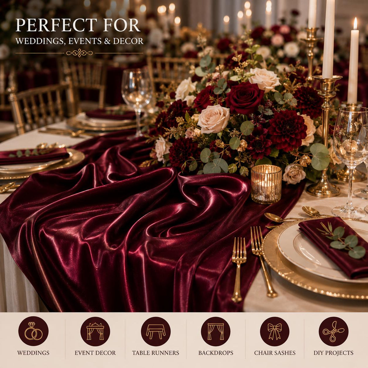 Luxury Burgundy Silky Satin Fabric by the Yard, Premium Polyester Satin for Couture Dresses, Designer Fashion, Runway & Custom Sewing