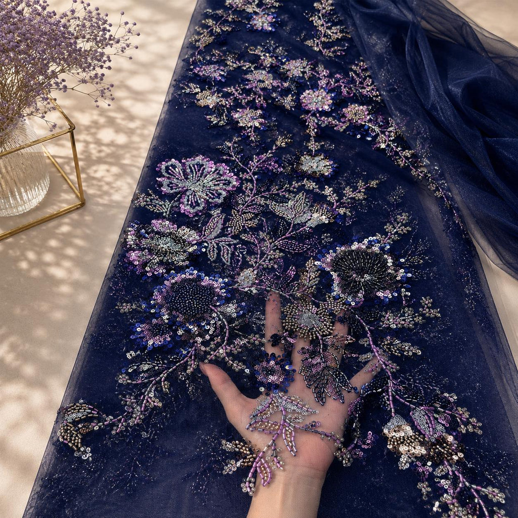 Emerald Green 3D Floral Beaded Tulle Fabric, Sequin Embroidered Lace Mesh, Luxury Bridal Wedding Dress Fabric by Yard, Couture Gown Material