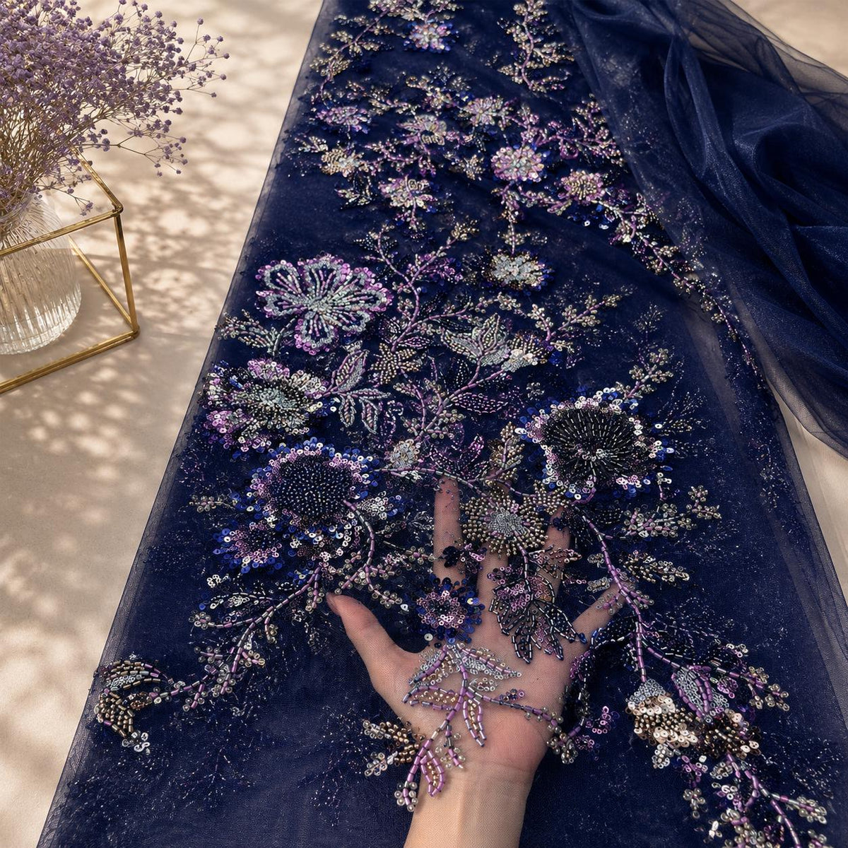 Emerald Green 3D Floral Beaded Tulle Fabric, Sequin Embroidered Lace Mesh, Luxury Bridal Wedding Dress Fabric by Yard, Couture Gown Material