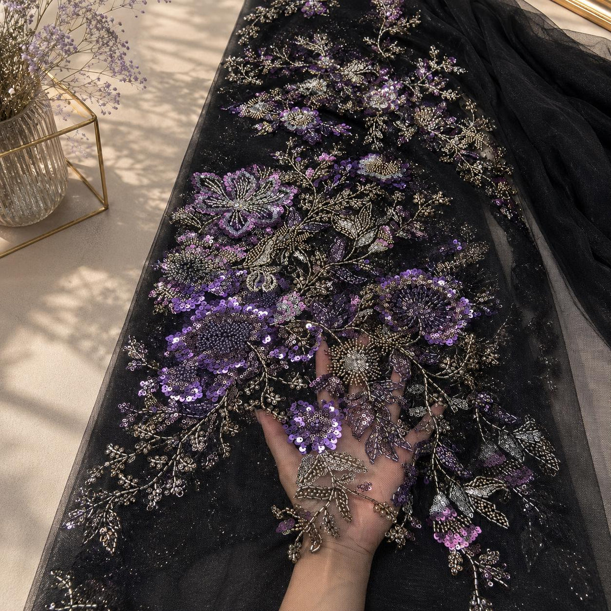 Emerald Green 3D Floral Beaded Tulle Fabric, Sequin Embroidered Lace Mesh, Luxury Bridal Wedding Dress Fabric by Yard, Couture Gown Material