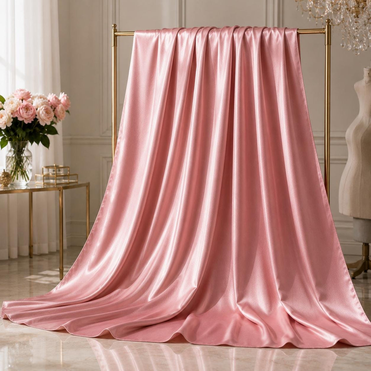 Rose Pink Stretch Satin Fabric by the Yard, Luxury Satin Fabric for Wedding Decor, Event Styling and Party Decorations