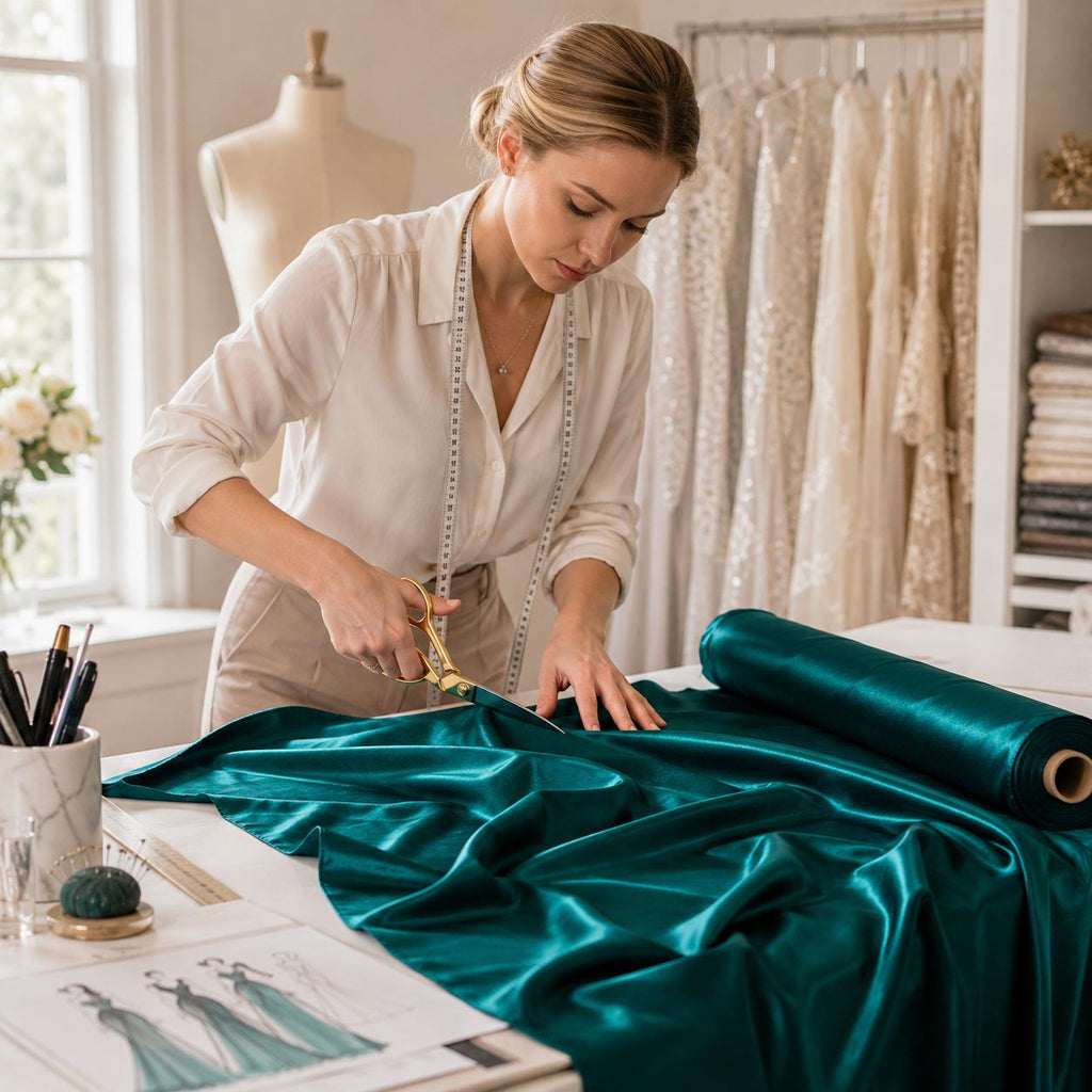 Emerald Teal Stretch Satin Fabric by the Yard