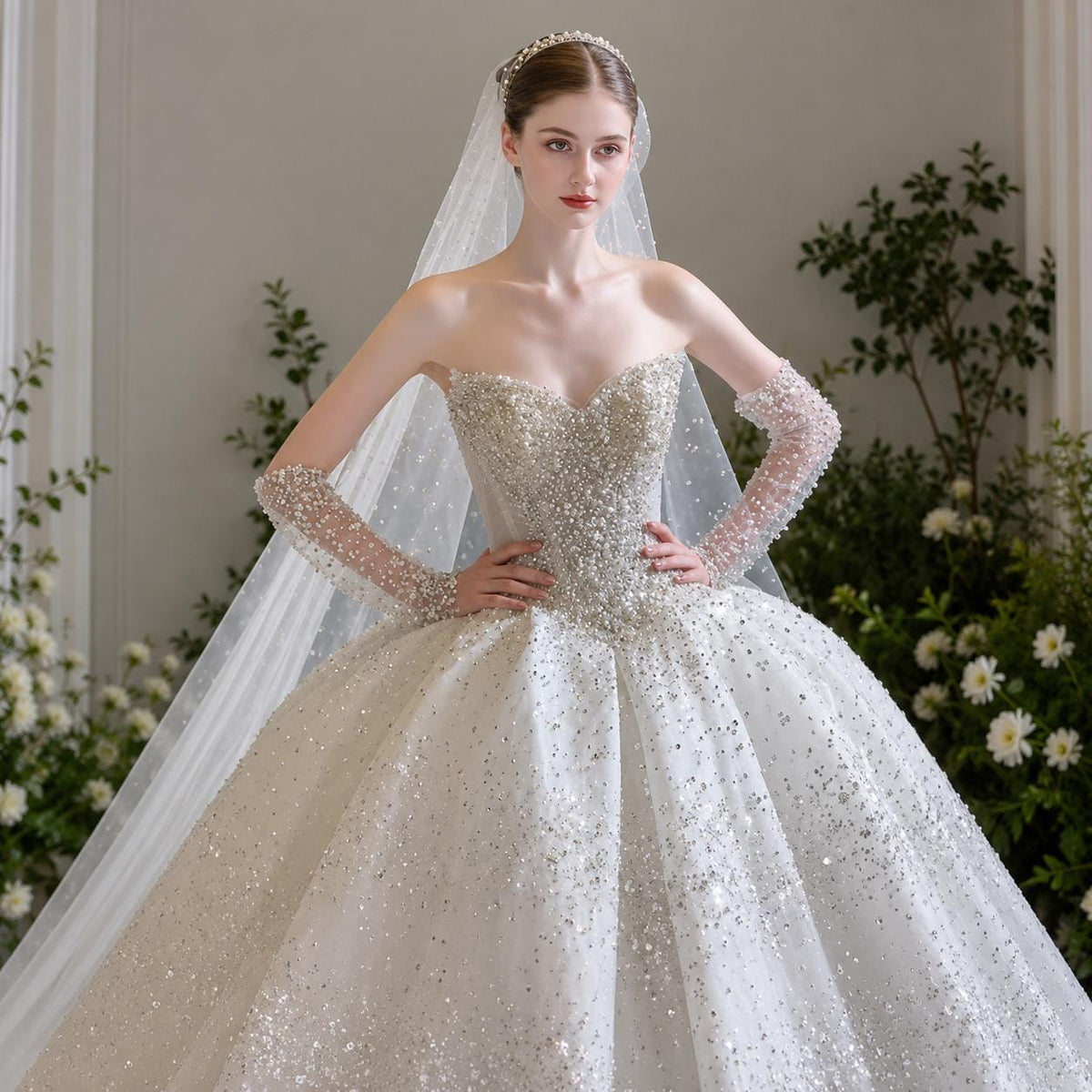 Sparkle Beaded Ball Gown Wedding Dress with Detachable Sleeves