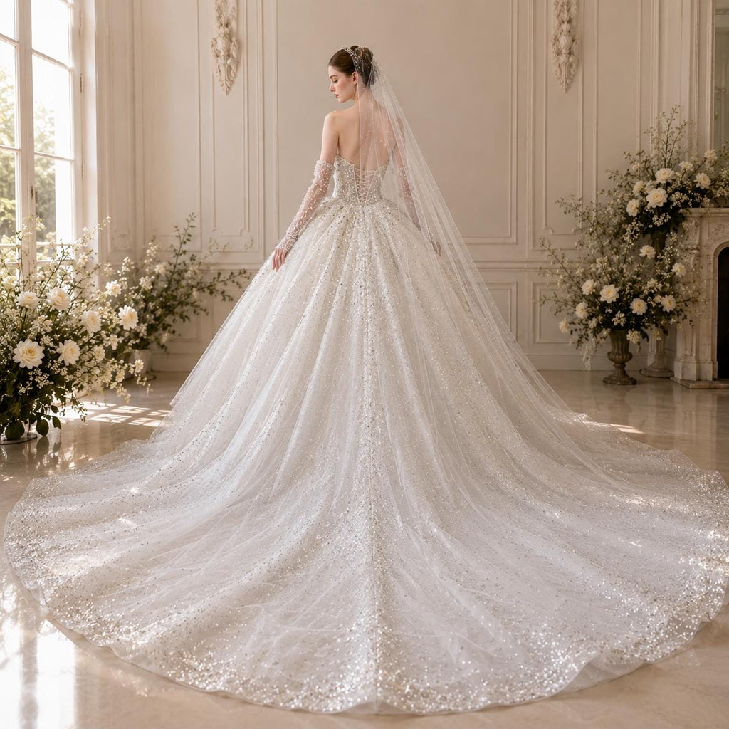 Sparkle Beaded Ball Gown Wedding Dress with Detachable Sleeves