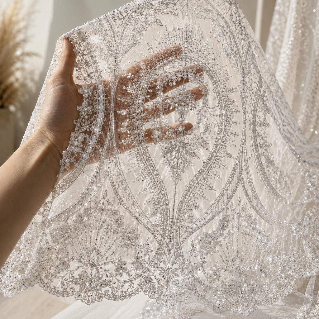 White Embroidered Lace Fabric by the Yard, Luxury Beaded Mesh for Bridal Veils, Overskirt, Cape, Sleeves, Corset, DIY Couture Sewing