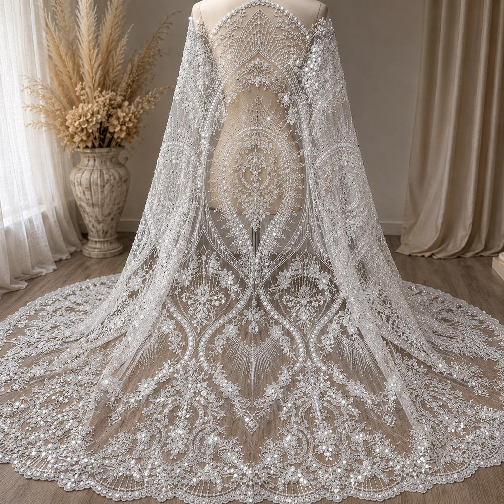 White Embroidered Lace Fabric by the Yard, Luxury Beaded Mesh for Bridal Veils, Overskirt, Cape, Sleeves, Corset, DIY Couture Sewing