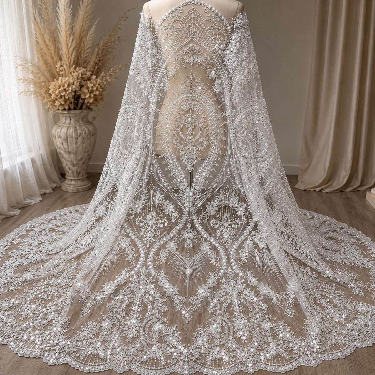 White Embroidered Lace Fabric by the Yard, Luxury Beaded Mesh for Bridal Veils, Overskirt, Cape, Sleeves, Corset, DIY Couture Sewing