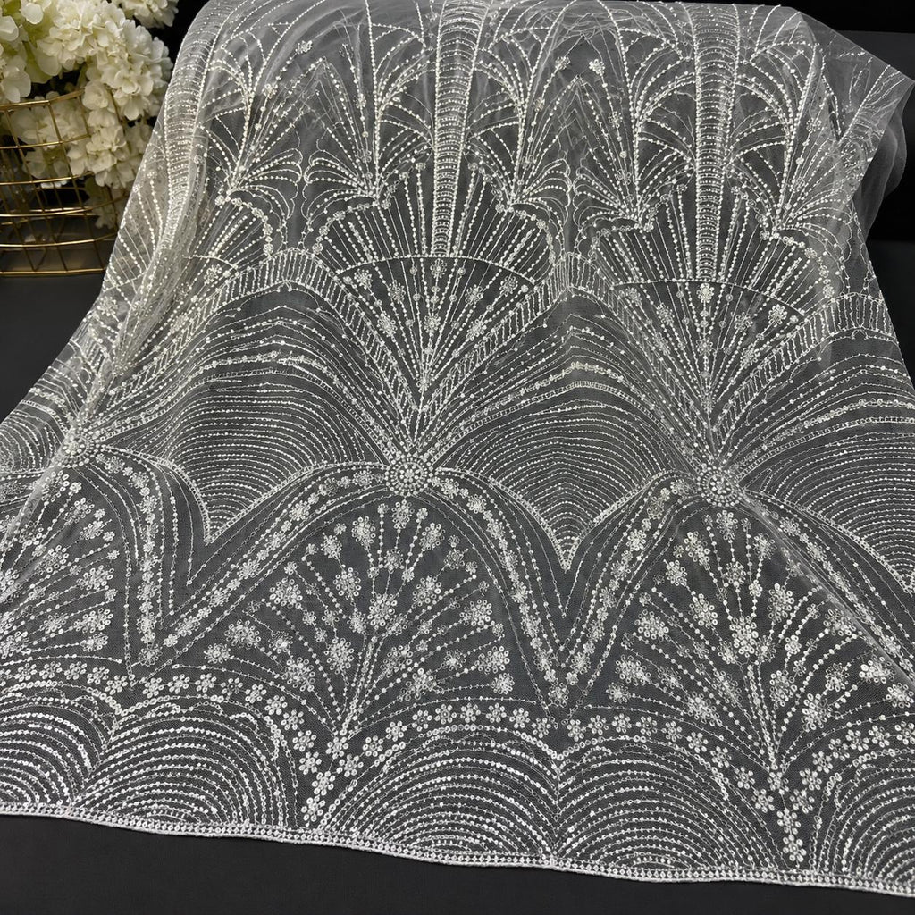 Luxury White Sequin Lace Fabric, Beaded Bridal Tulle Mesh, Couture Wedding Dress Fabric, Scalloped Embroidery Lace