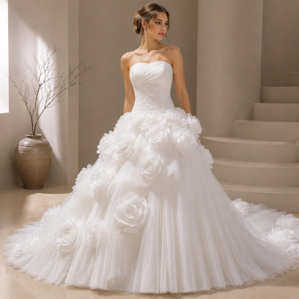 3D Floral Strapless Organza Ball Gown Wedding Dress
