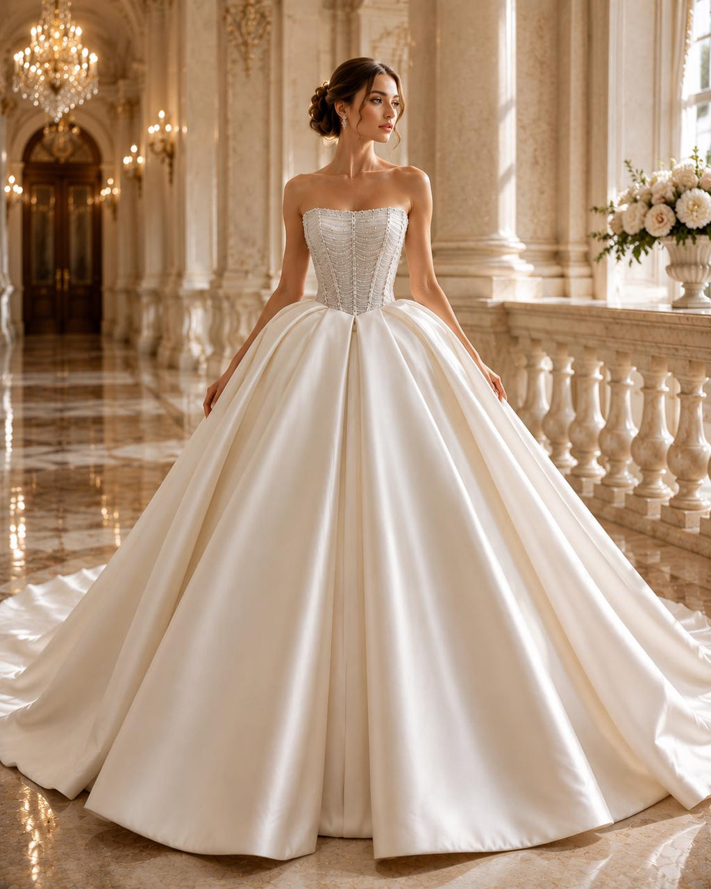 Strapless Beaded Mikado Satin Ball Gown Wedding Dress