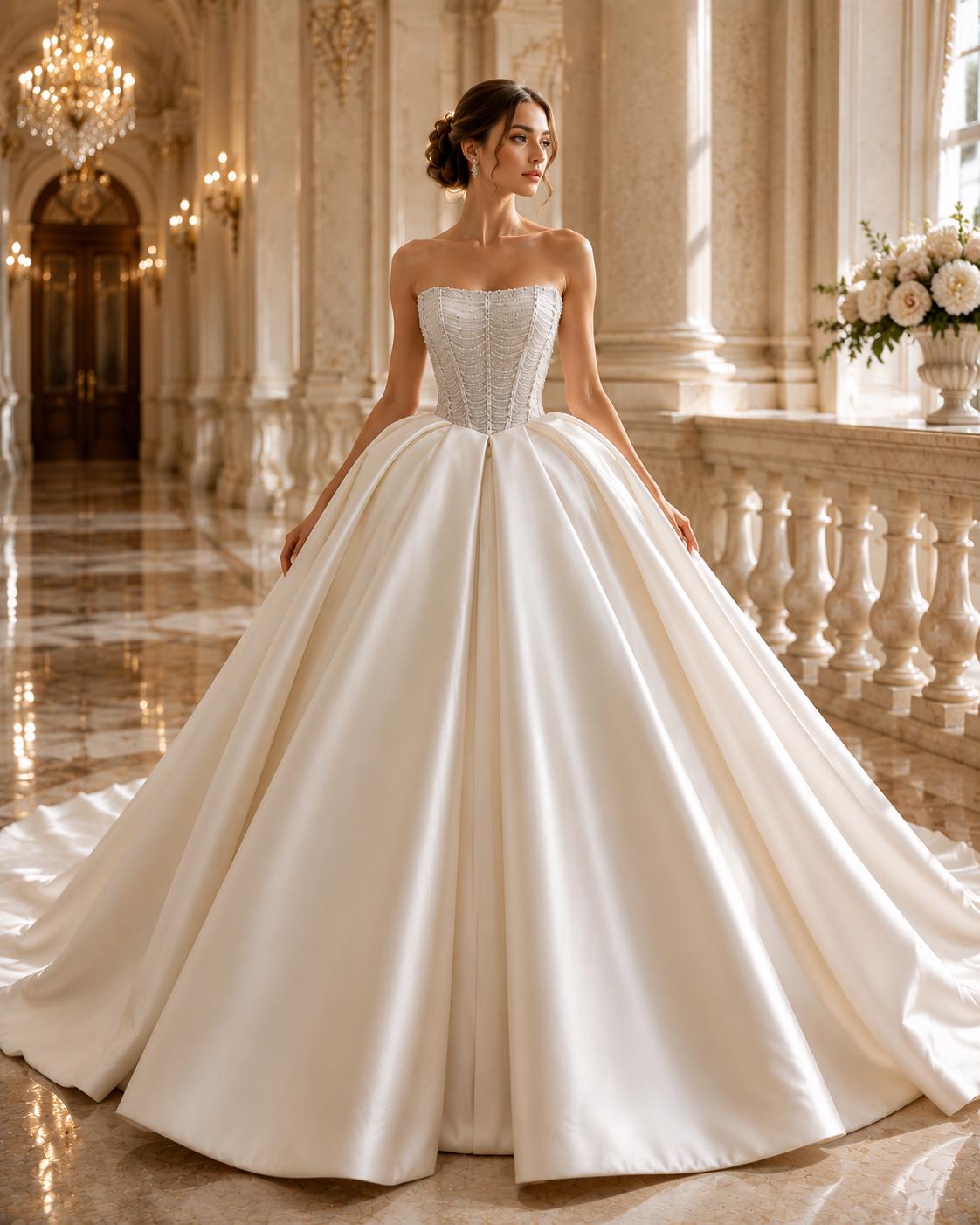 Strapless Beaded Mikado Satin Ball Gown Wedding Dress