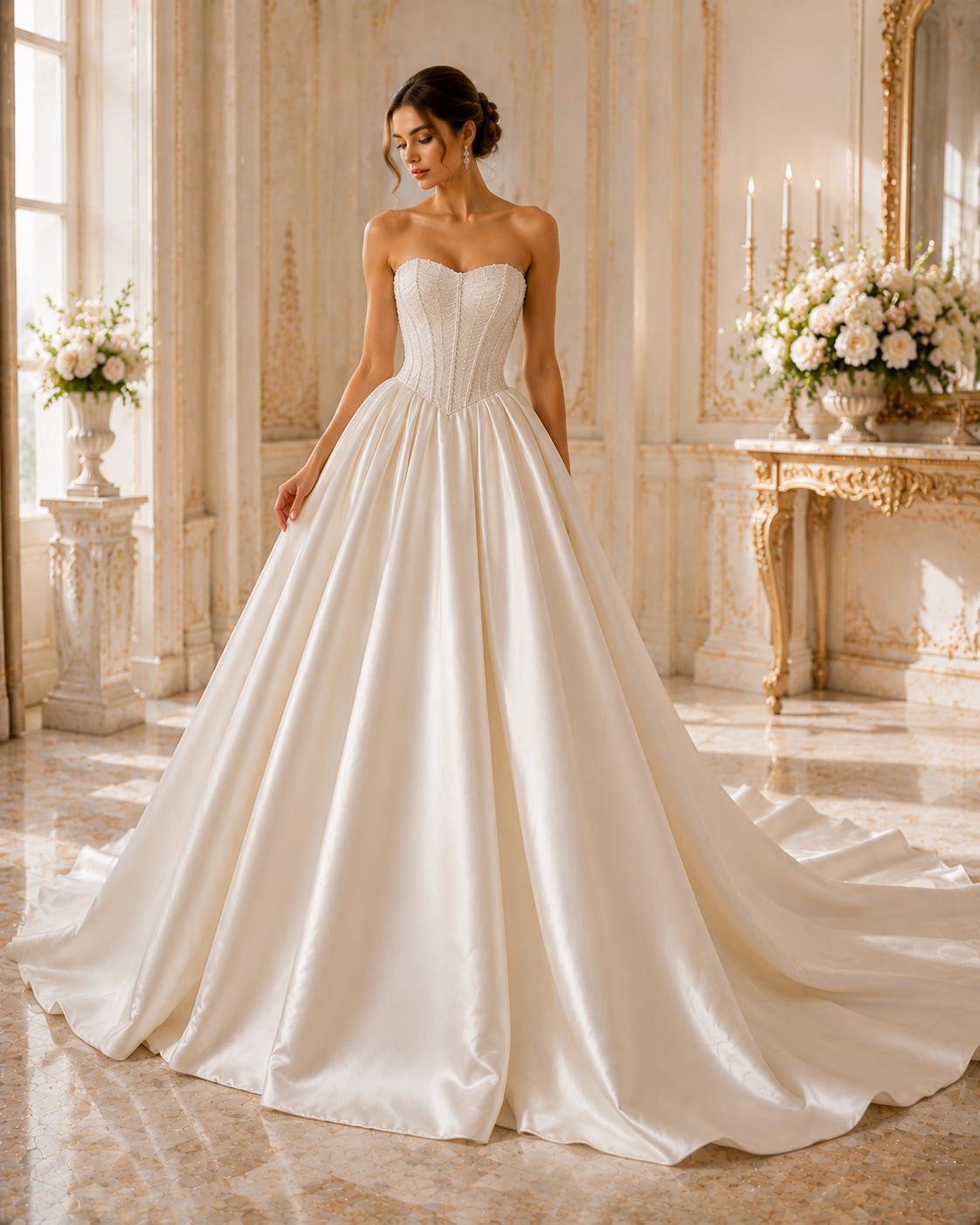 Strapless Beaded Mikado Satin Ball Gown Wedding Dress