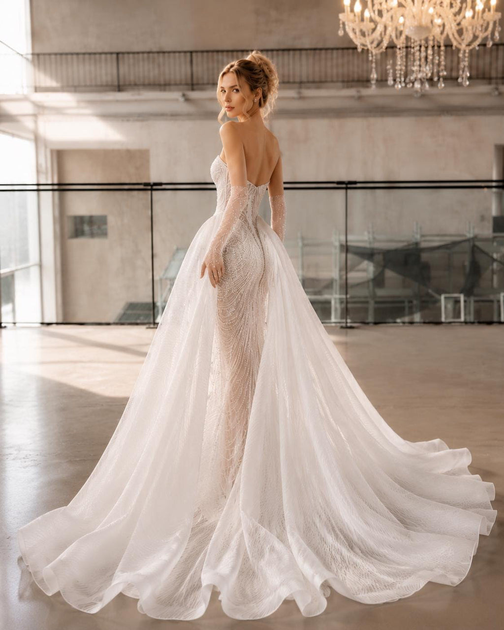 Pearl Beaded Mermaid Wedding Dress with Detachable Overskirt