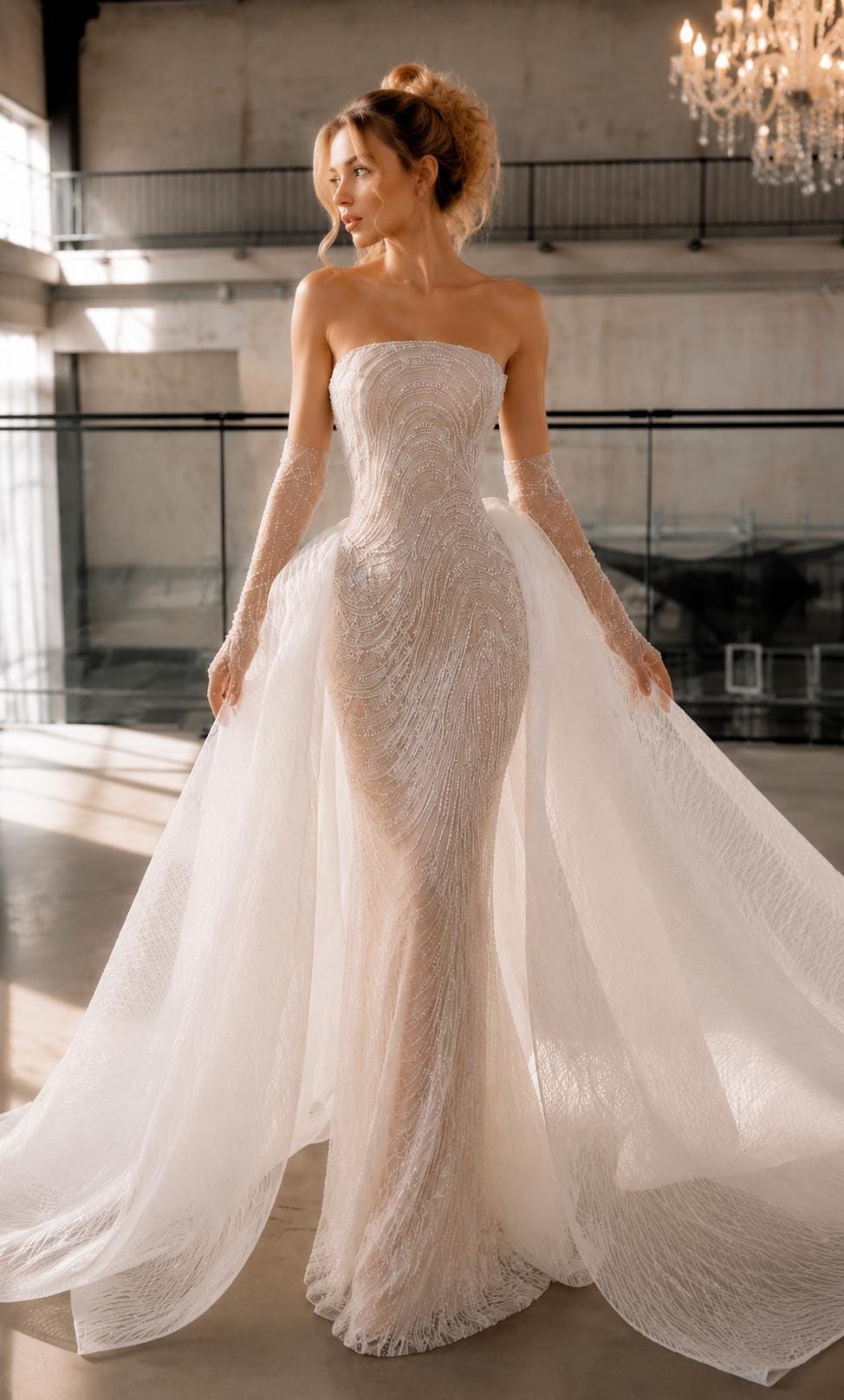 Pearl Beaded Mermaid Wedding Dress with Detachable Overskirt