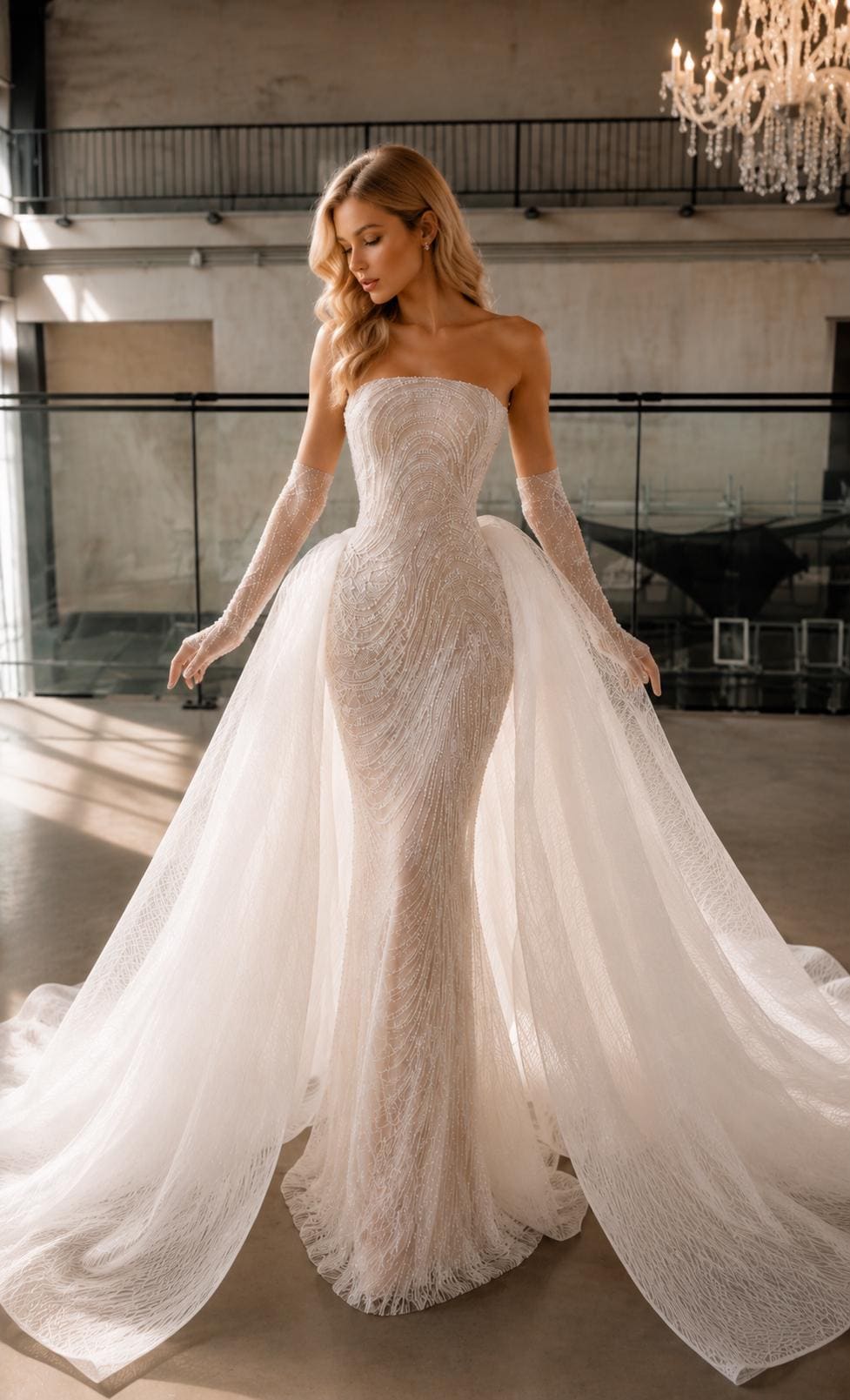 Pearl Beaded Mermaid Wedding Dress with Detachable Overskirt