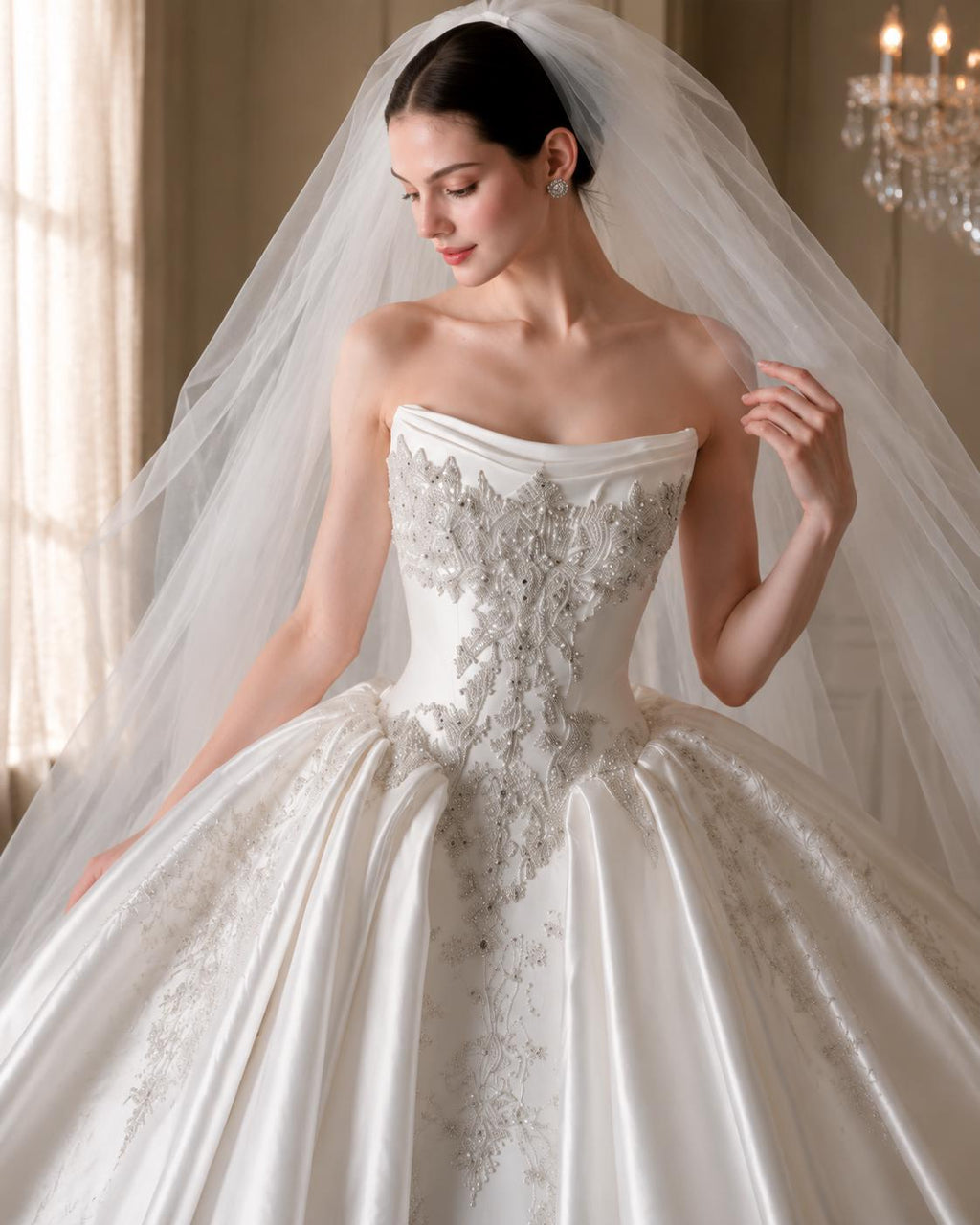 Crystal Beaded Mikado Wedding Dress with Cathedral Train