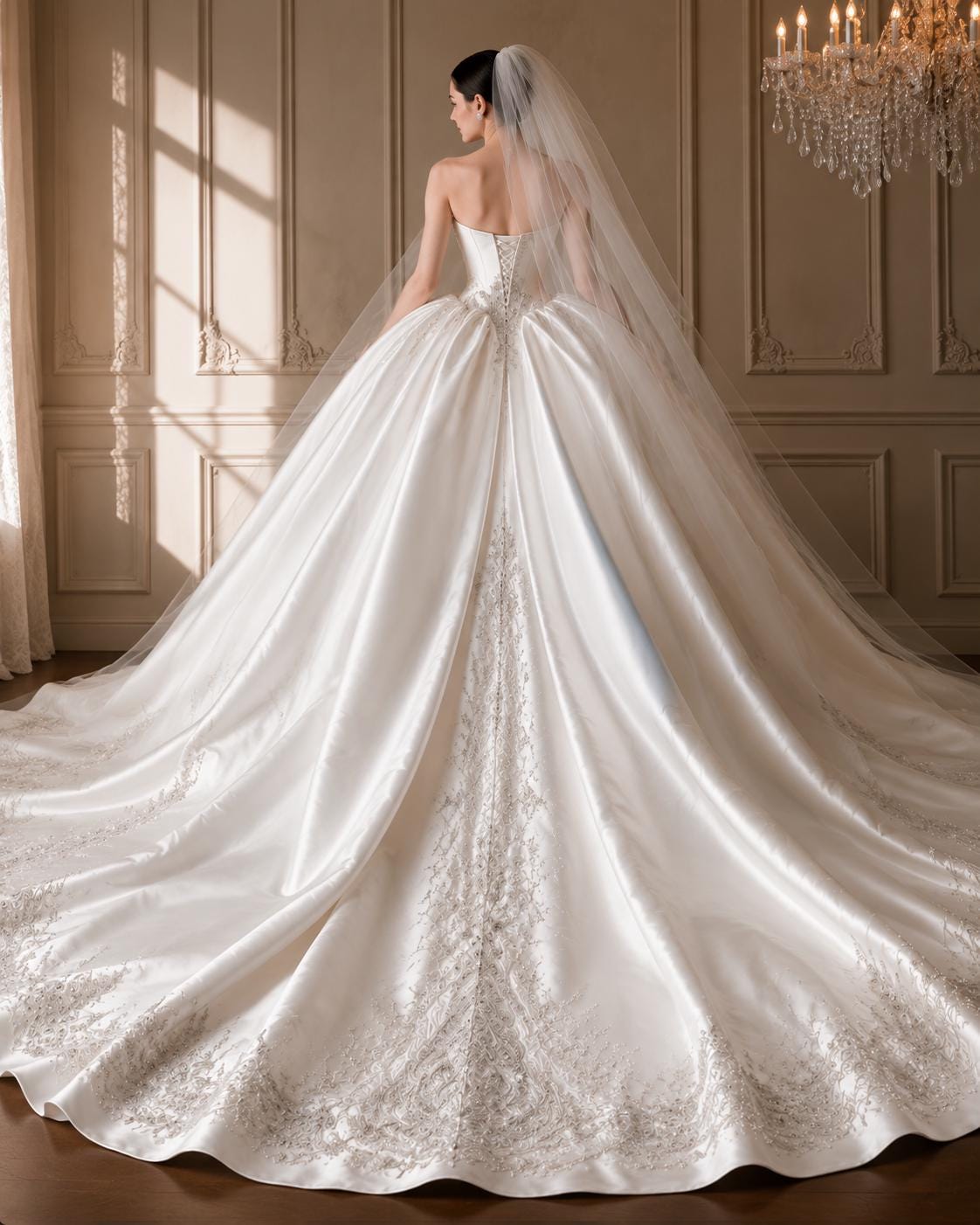 Crystal Beaded Mikado Wedding Dress with Cathedral Train