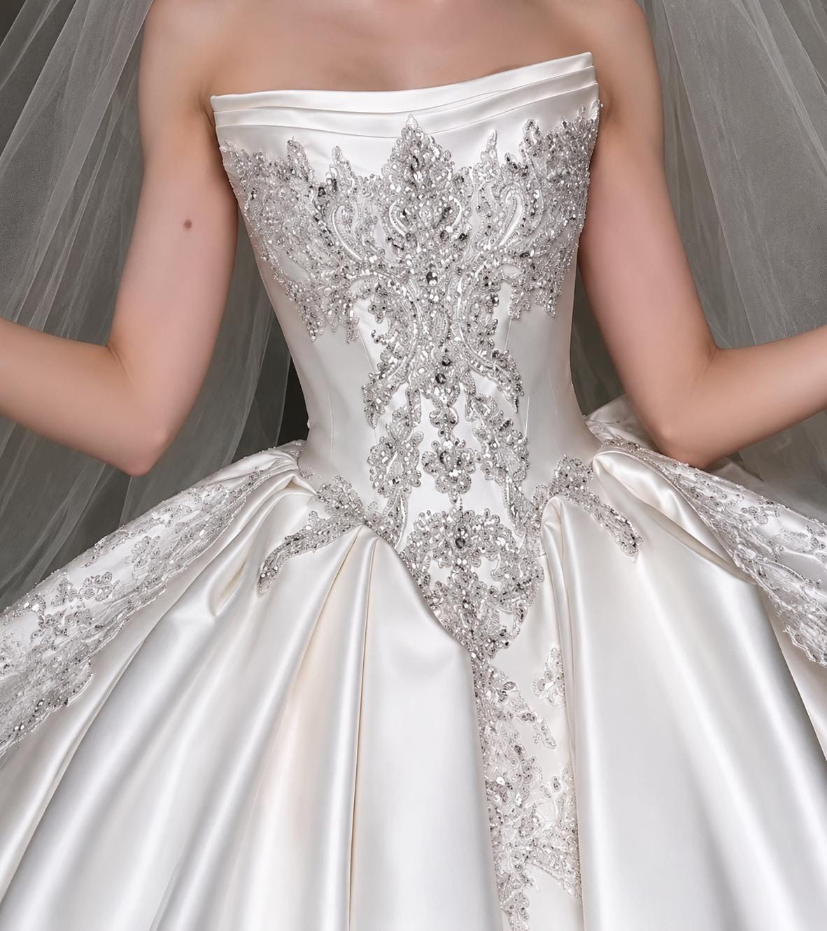 Crystal Beaded Mikado Wedding Dress with Cathedral Train