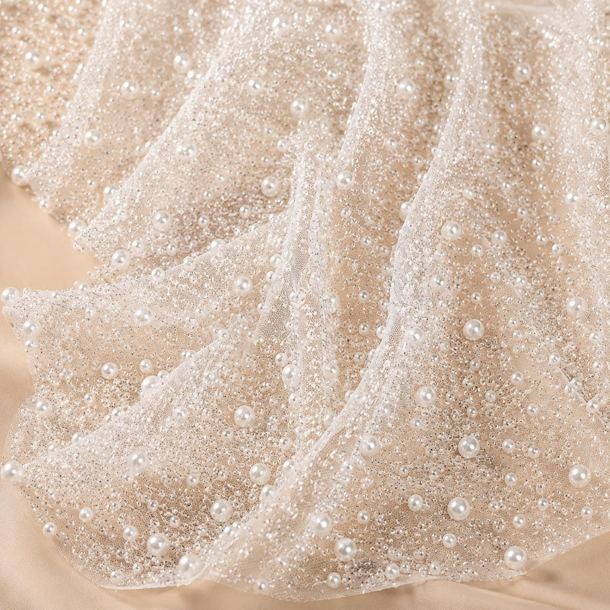 Luxury Pearl Beaded Mesh Fabric by the Yard, Heavy Pearl Embroidered Bridal Tulle for Wedding Dress, Reception Gown, Veil & Couture Sewing