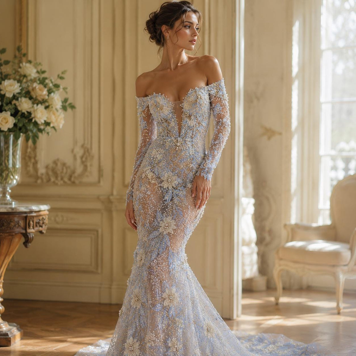 Designer 3D Floral Lace Fabric by the Yard, Heavy Beaded Embroidered Mesh for Couture Dresses, Luxury Bridal Fashion & Runway Designs