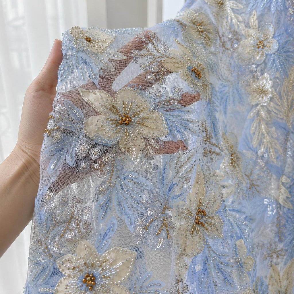Designer 3D Floral Lace Fabric by the Yard, Heavy Beaded Embroidered Mesh for Couture Dresses, Luxury Bridal Fashion & Runway Designs