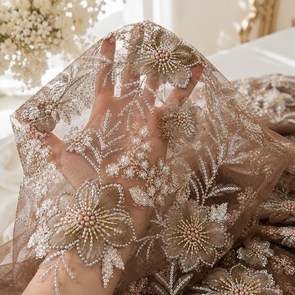 Designer Chocolate Brown 3D Floral Lace Fabric by the Yard, Heavy Beaded Embroidered Mesh for Couture Dresses, Luxury Fashion & Designs