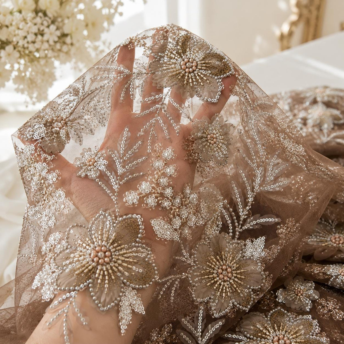 Designer Chocolate Brown 3D Floral Lace Fabric by the Yard, Heavy Beaded Embroidered Mesh for Couture Dresses, Luxury Fashion & Designs