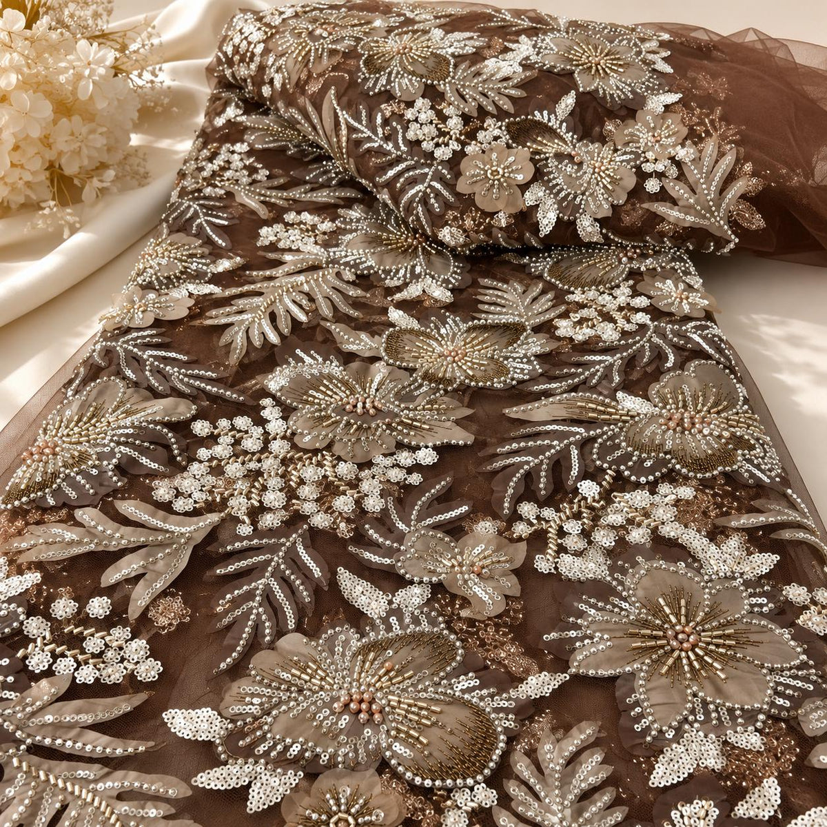 Designer Chocolate Brown 3D Floral Lace Fabric by the Yard, Heavy Beaded Embroidered Mesh for Couture Dresses, Luxury Fashion & Designs