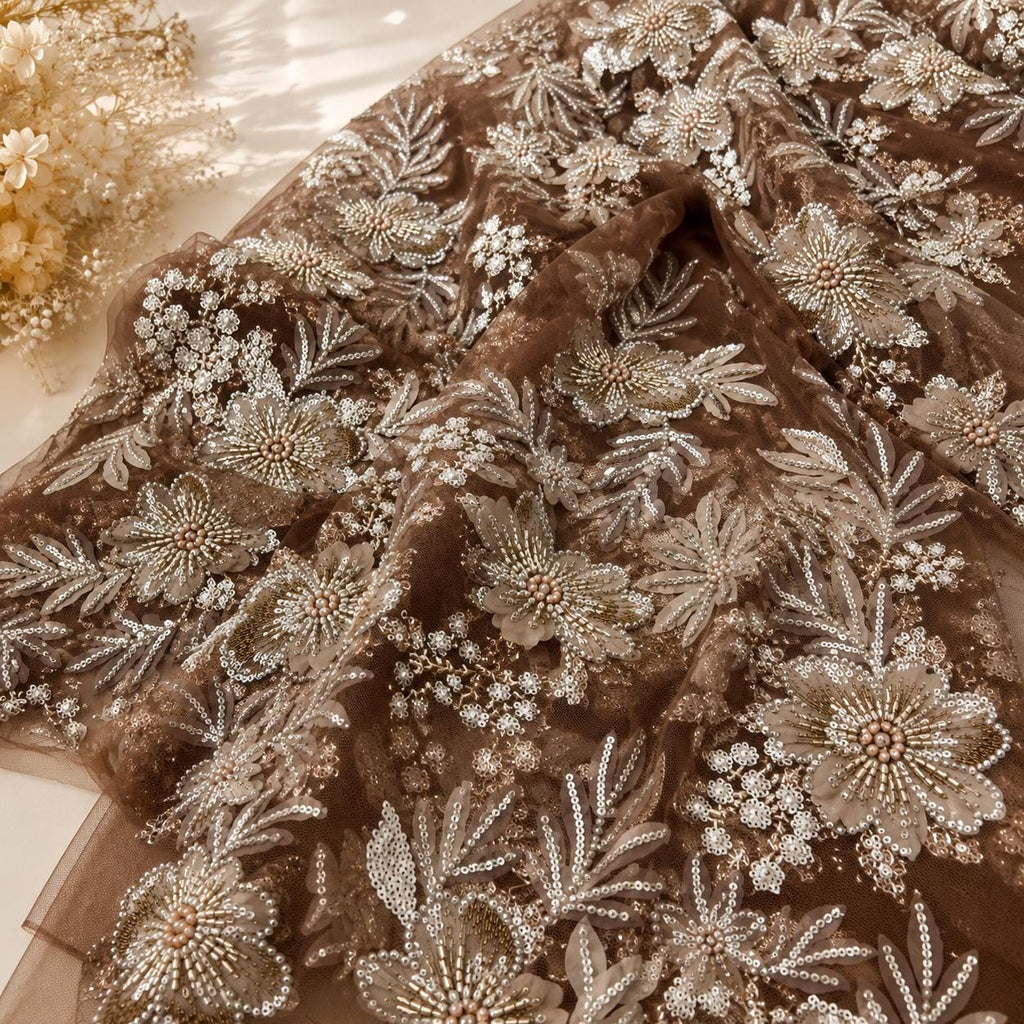 Designer Chocolate Brown 3D Floral Lace Fabric by the Yard, Heavy Beaded Embroidered Mesh for Couture Dresses, Luxury Fashion & Designs