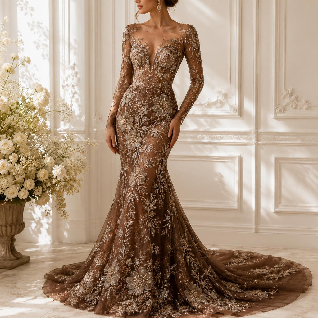 Designer Chocolate Brown 3D Floral Lace Fabric by the Yard, Heavy Beaded Embroidered Mesh for Couture Dresses, Luxury Fashion & Designs
