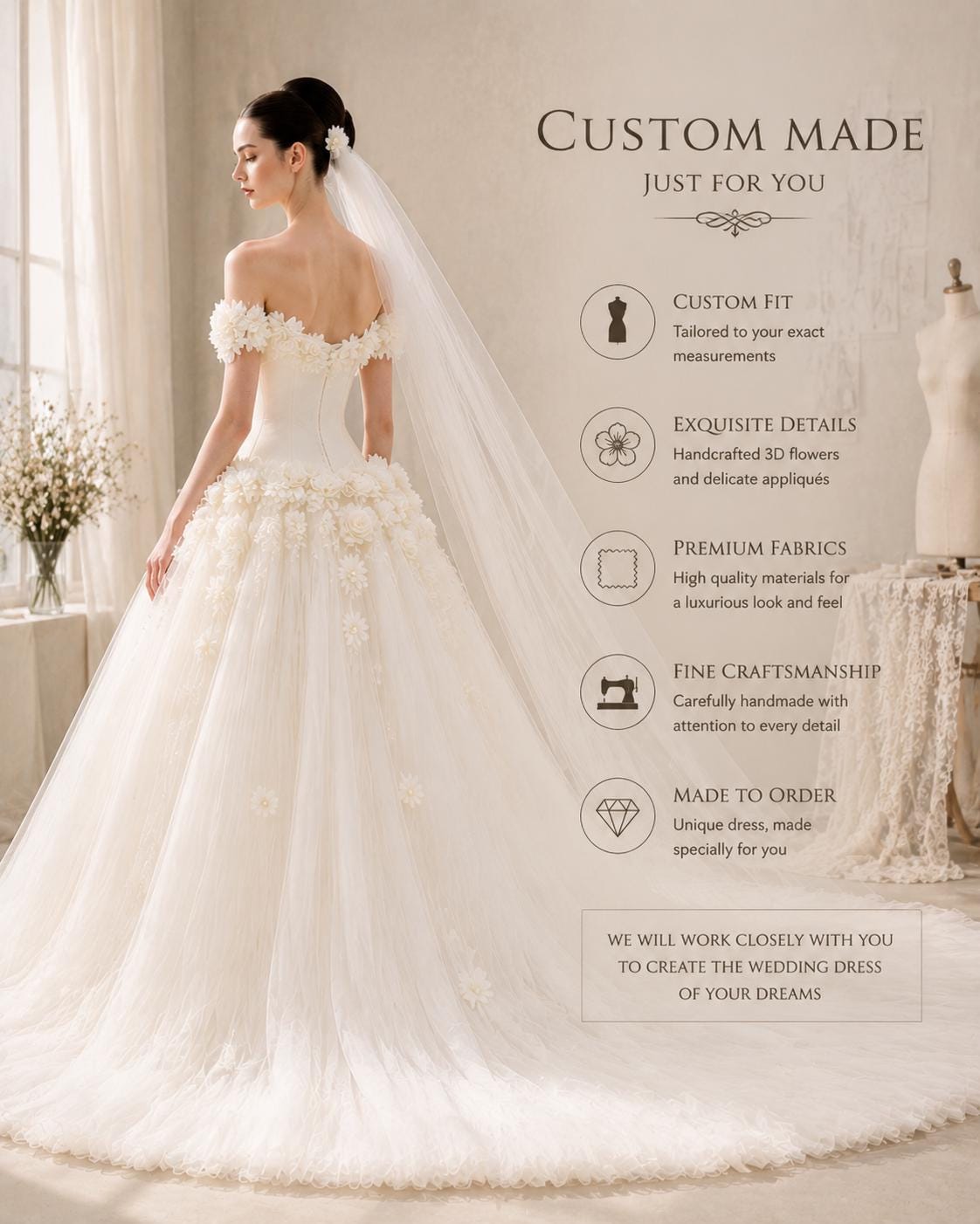 Off-the-Shoulder 3D Floral Wedding Dress with Train