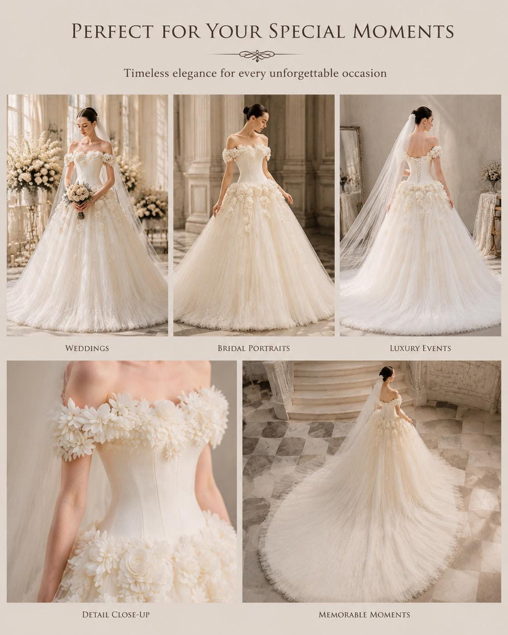 Off-the-Shoulder 3D Floral Wedding Dress with Train