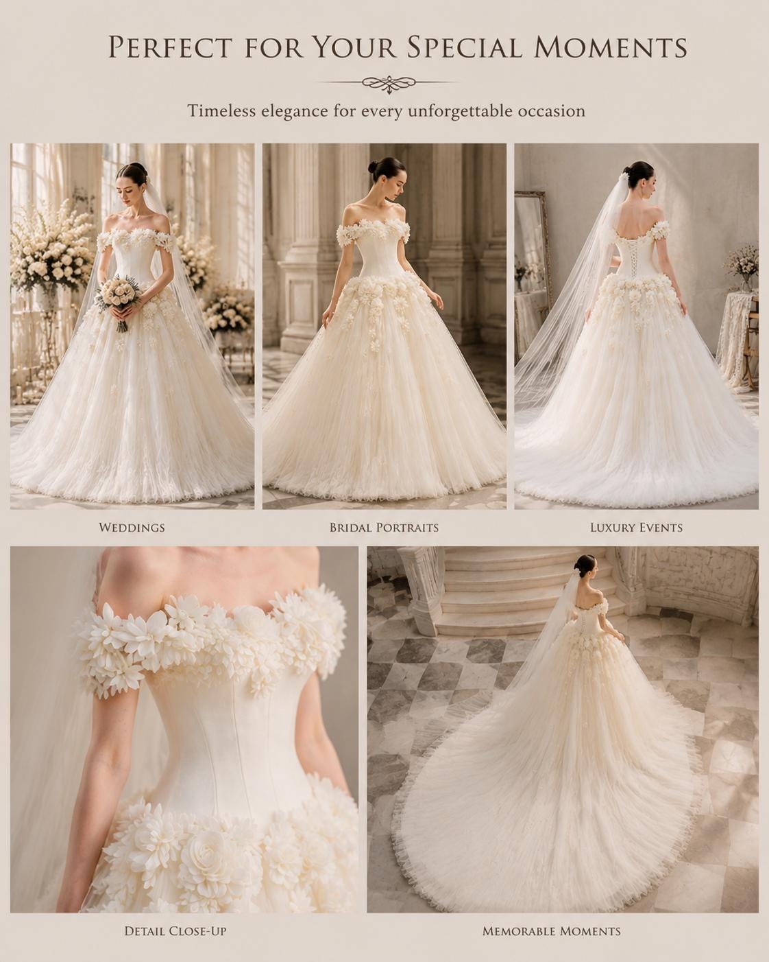 Off-the-Shoulder 3D Floral Wedding Dress with Train