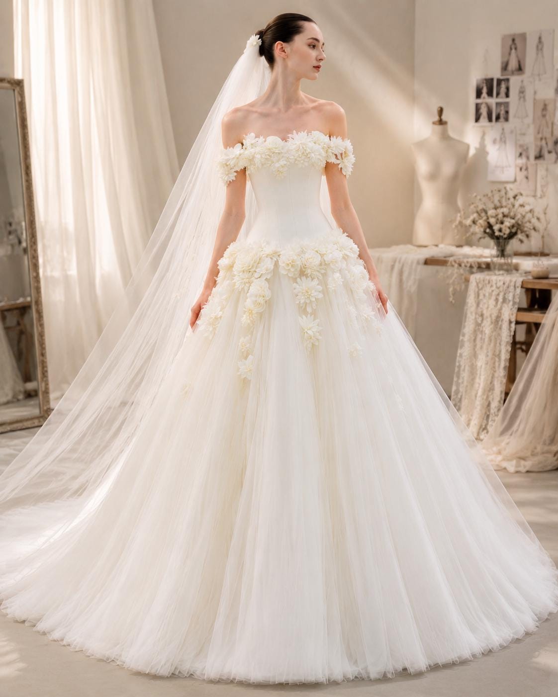 Off-the-Shoulder 3D Floral Wedding Dress with Train