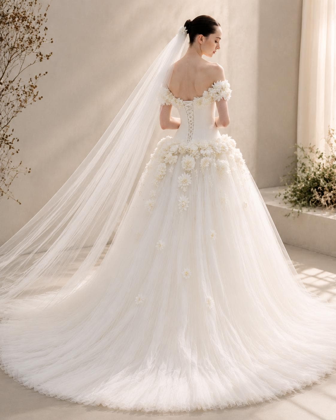 Off-the-Shoulder 3D Floral Wedding Dress with Train