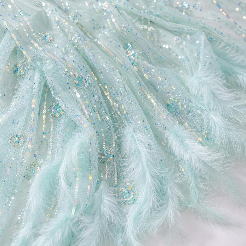 Luxury Feather Beaded Lace Fabric, Haute Couture Fashion Show Fabric, Red Carpet Evening Gown Fabric By Yard