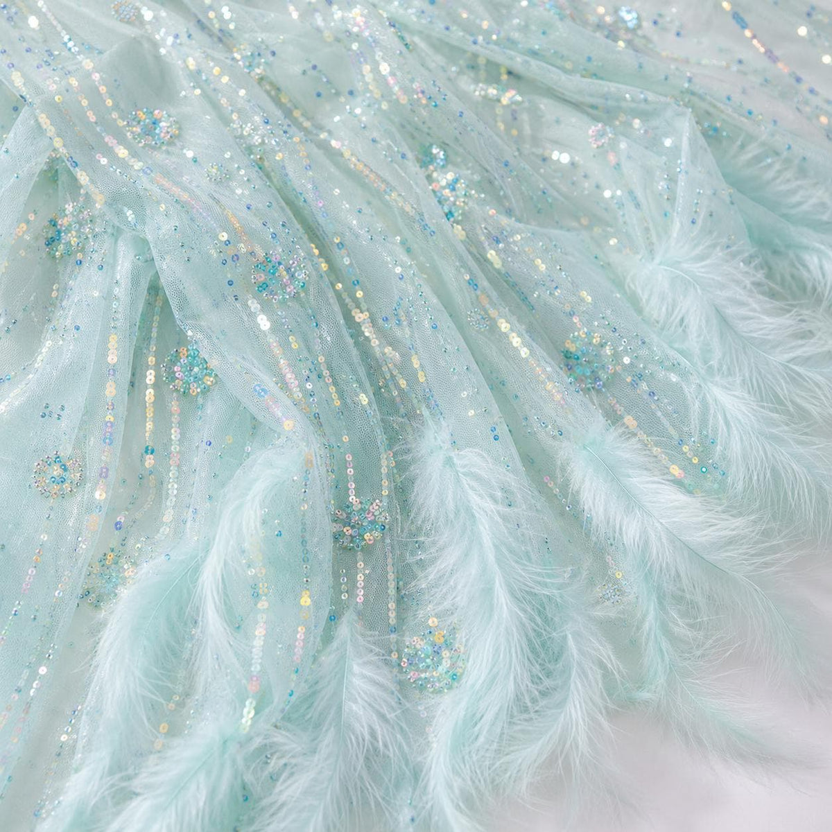 Luxury Feather Beaded Lace Fabric, Haute Couture Fashion Show Fabric, Red Carpet Evening Gown Fabric By Yard