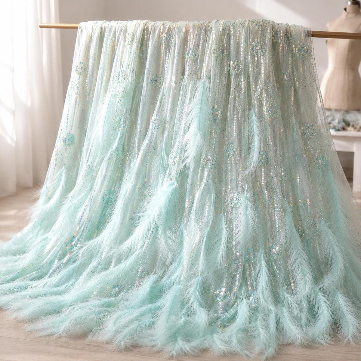 Luxury Feather Beaded Lace Fabric, Haute Couture Fashion Show Fabric, Red Carpet Evening Gown Fabric By Yard