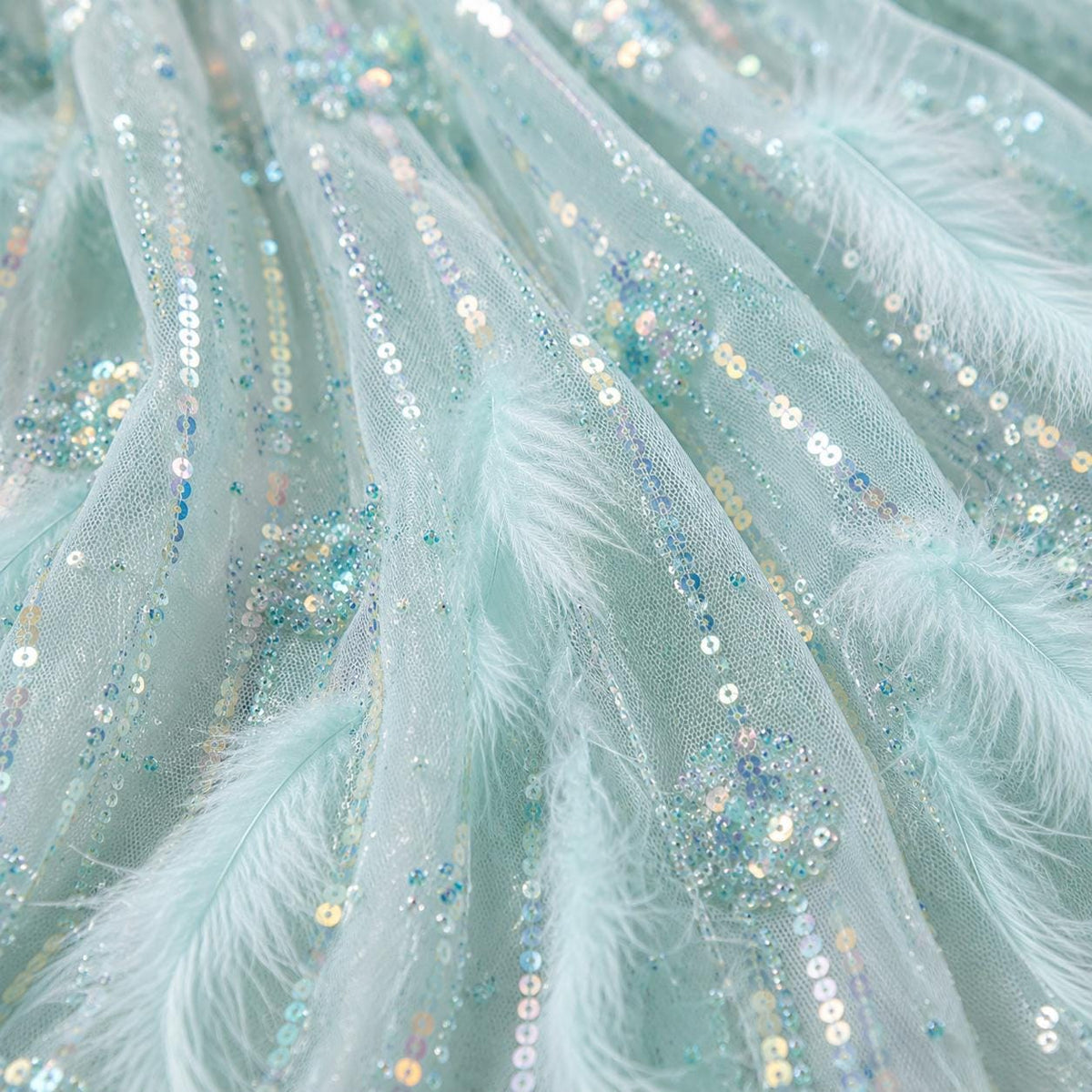 Luxury Feather Beaded Lace Fabric, Haute Couture Fashion Show Fabric, Red Carpet Evening Gown Fabric By Yard