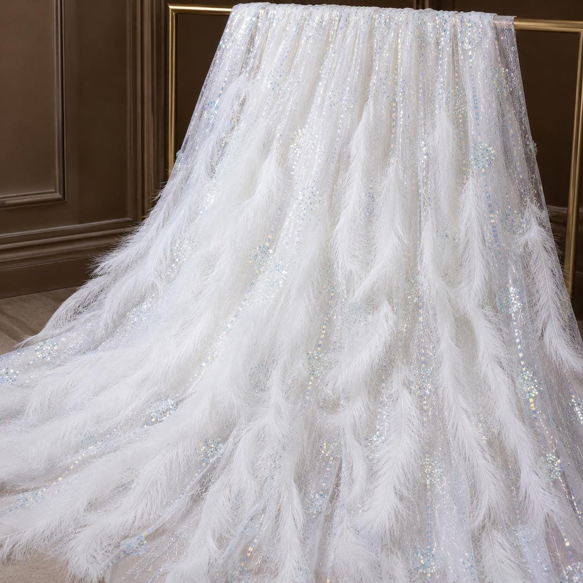 Luxury Feather Beaded Lace Fabric, White Couture Fabric By Yard, Pageant Gown Fabric, Fashion Show Dress Material