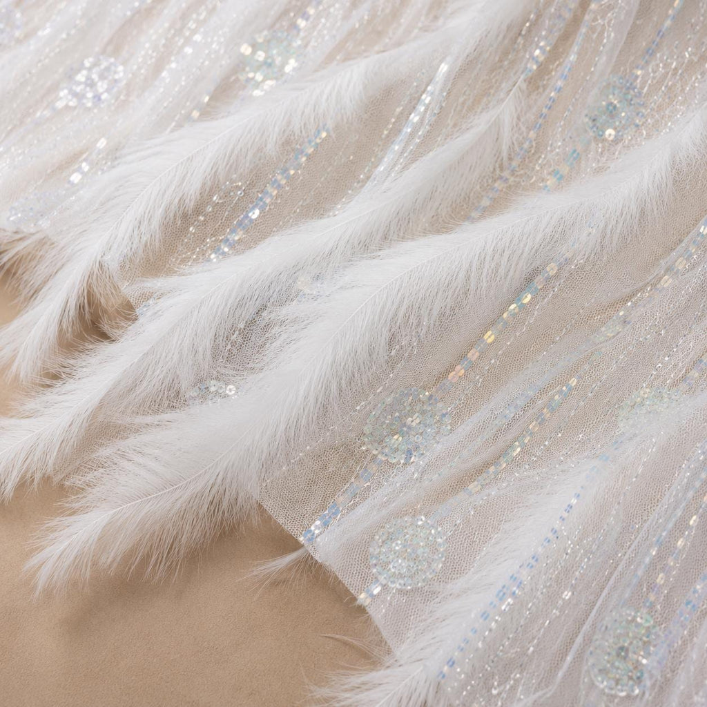 Luxury Feather Beaded Lace Fabric, White Couture Fabric By Yard, Pageant Gown Fabric, Fashion Show Dress Material
