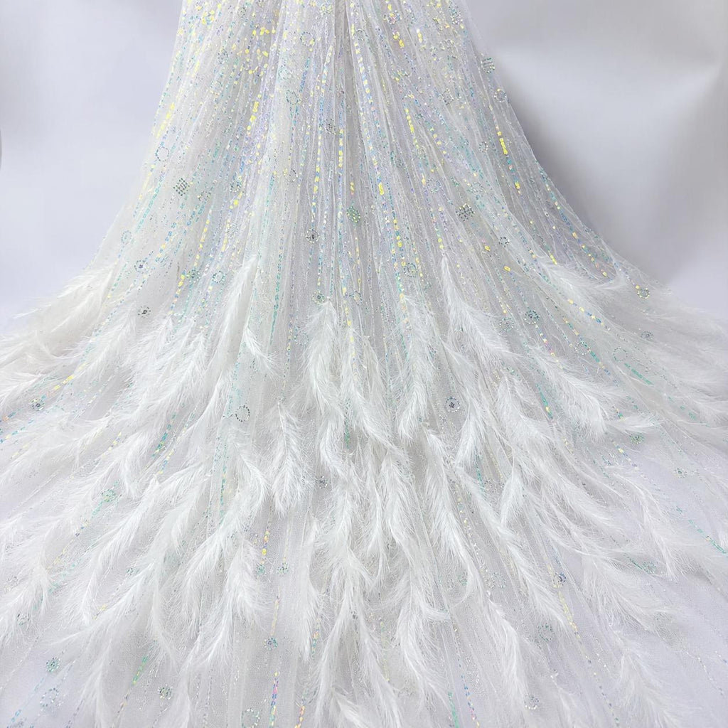 Luxury Feather Beaded Lace Fabric, White Couture Fabric By Yard, Pageant Gown Fabric, Fashion Show Dress Material