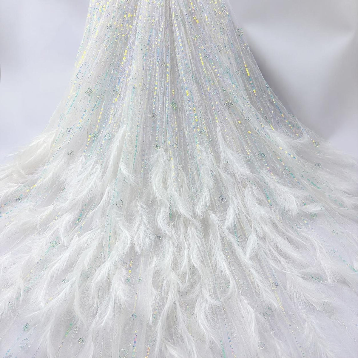 Luxury Feather Beaded Lace Fabric, White Couture Fabric By Yard, Pageant Gown Fabric, Fashion Show Dress Material
