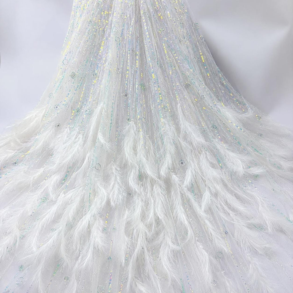 Luxury Feather Beaded Lace Fabric, White Couture Fabric By Yard, Pageant Gown Fabric, Fashion Show Dress Material