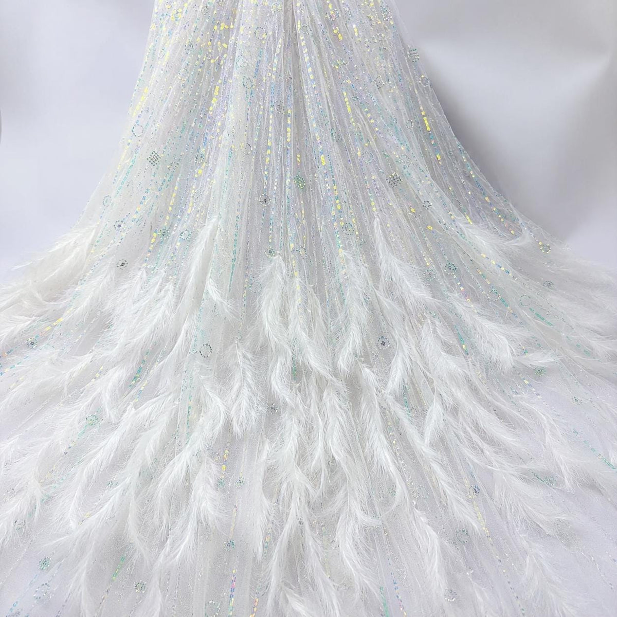 Luxury Feather Beaded Lace Fabric, White Couture Fabric By Yard, Pageant Gown Fabric, Fashion Show Dress Material