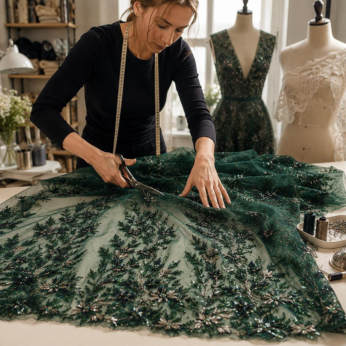 Emerald Green Beaded Lace Fabric by the Yard,Sequin Embroidery Tulle Mesh, Couture Bridal Lace, Evening Gown, Prom Dress, Wedding Fabric