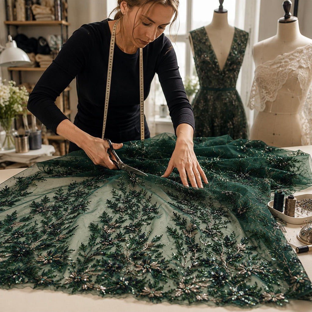 Emerald Green Beaded Lace Fabric by the Yard,Sequin Embroidery Tulle Mesh, Couture Bridal Lace, Evening Gown, Prom Dress, Wedding Fabric