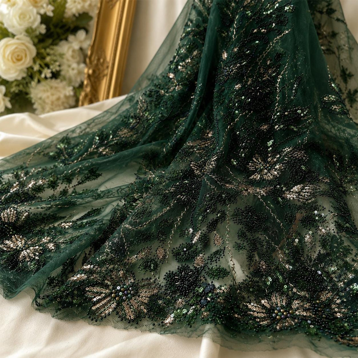 Emerald Green Beaded Lace Fabric by the Yard,Sequin Embroidery Tulle Mesh, Couture Bridal Lace, Evening Gown, Prom Dress, Wedding Fabric