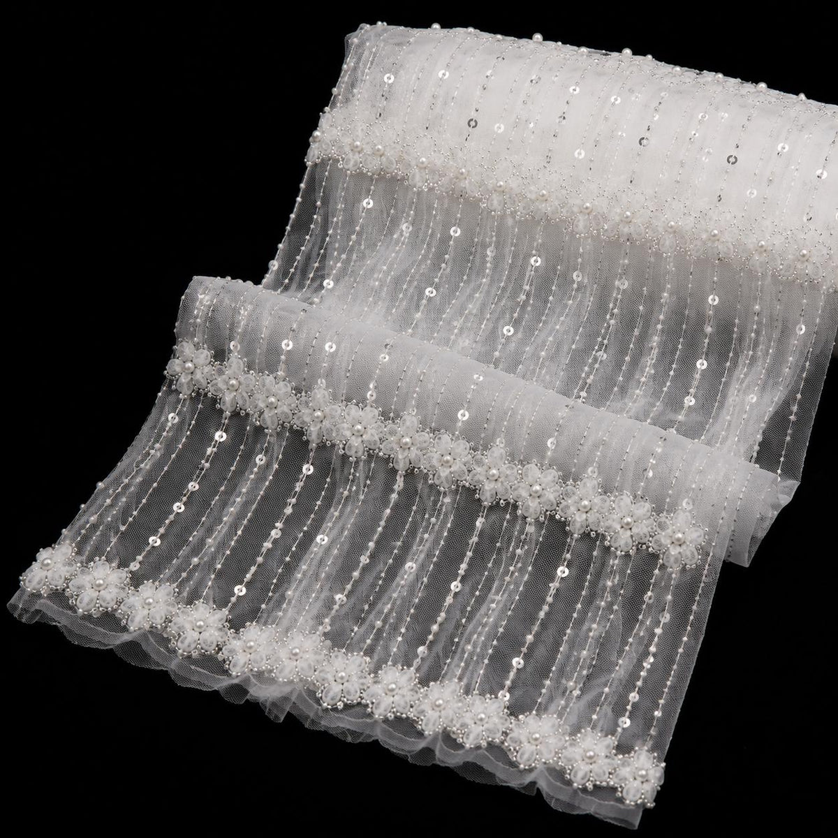 Luxury Pearl Beaded Bridal Tulle Fabric, Wedding Dress Lace Fabric by the Yard, 3D Floral Beaded Mesh for Bridal Gown, Veil & Couture Dress